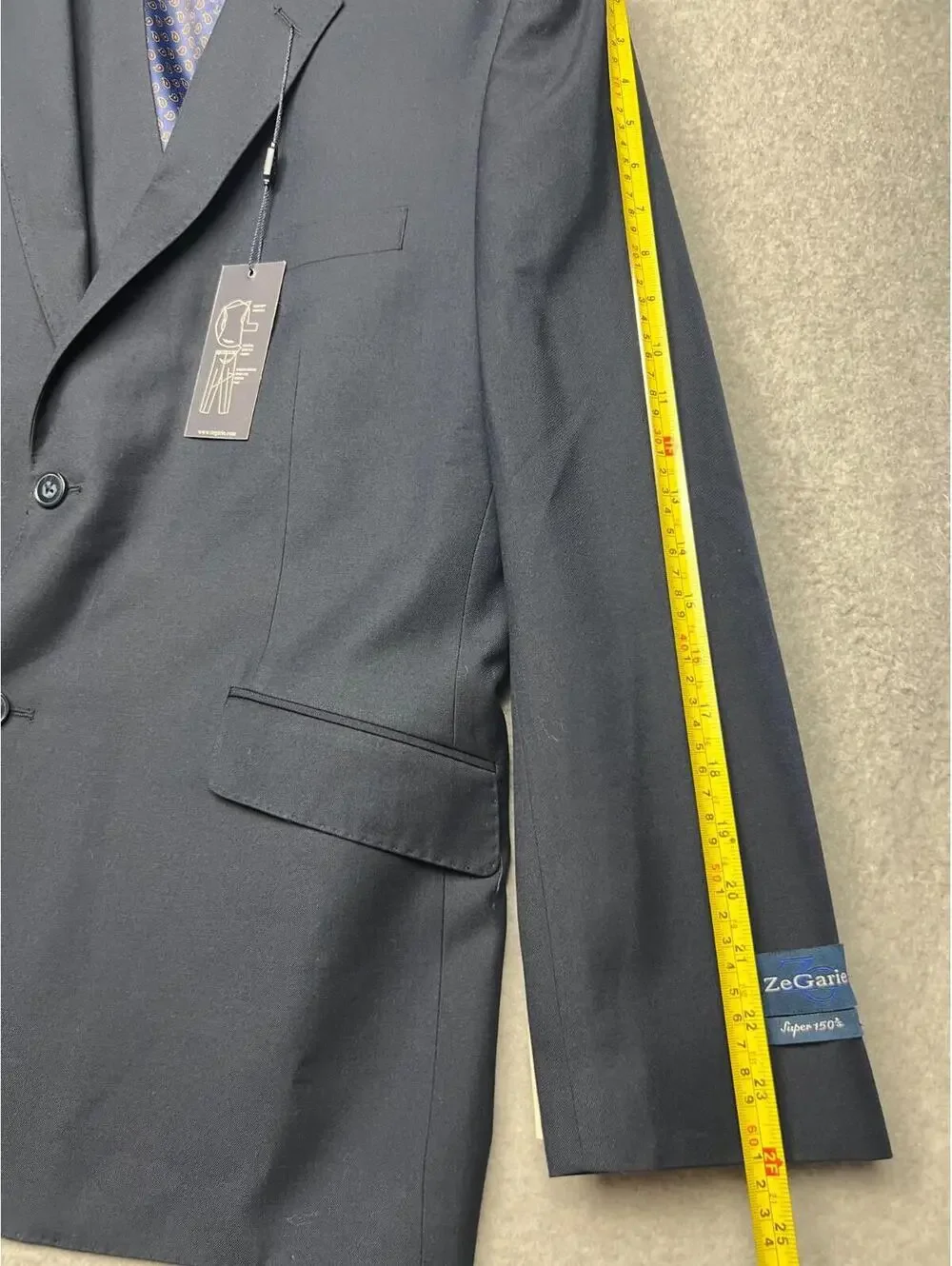 Zegarie 3 Piece 150S Wool Sport Blazer Suit Set 44S /38 Pants Modern Fit Navy